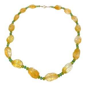 Vintage Chunky Citrine w Green Glass Beaded Necklace